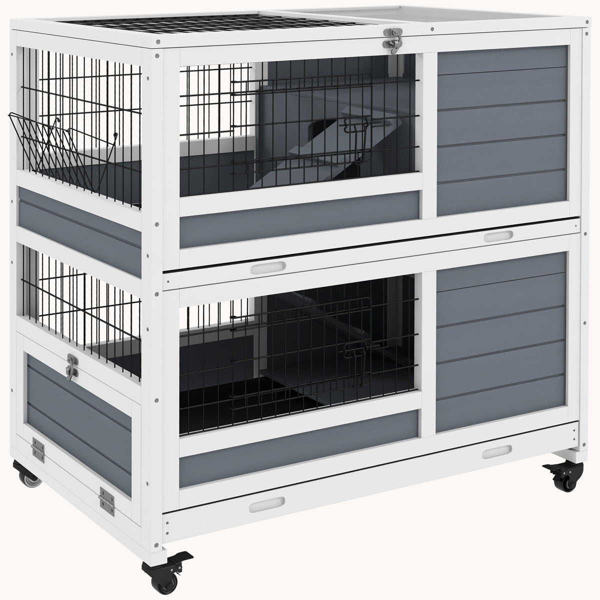 35.5" Wooden Rabbit Hutch with Wheels, 2-Tier Cage, Removable Tray & Ramp, Gray