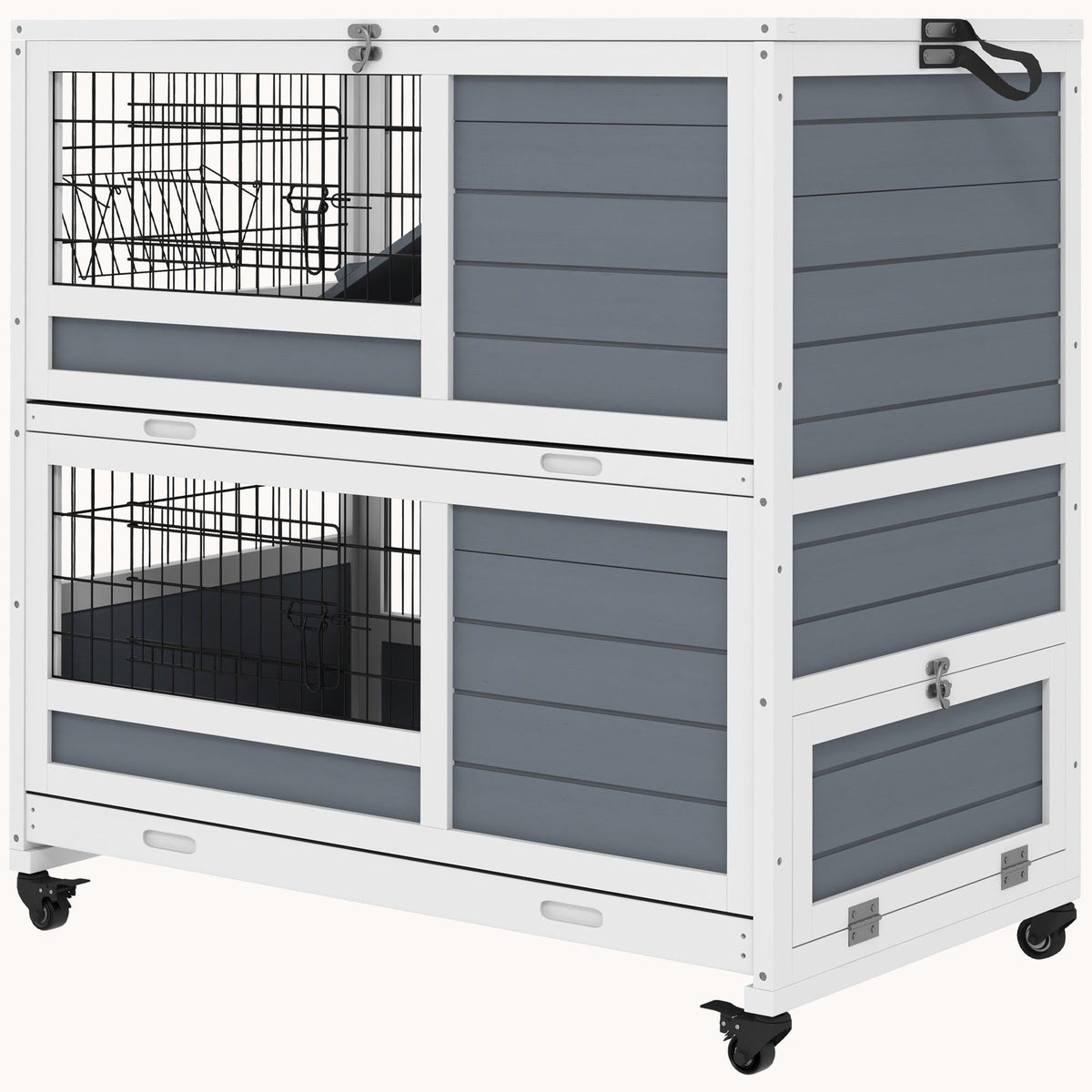 35.5" Wooden Rabbit Hutch with Wheels, 2-Tier Cage, Removable Tray & Ramp, Gray