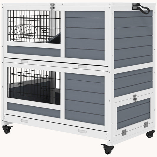 35.5" Wooden Rabbit Hutch with Wheels, 2-Tier Cage, Removable Tray & Ramp, Gray