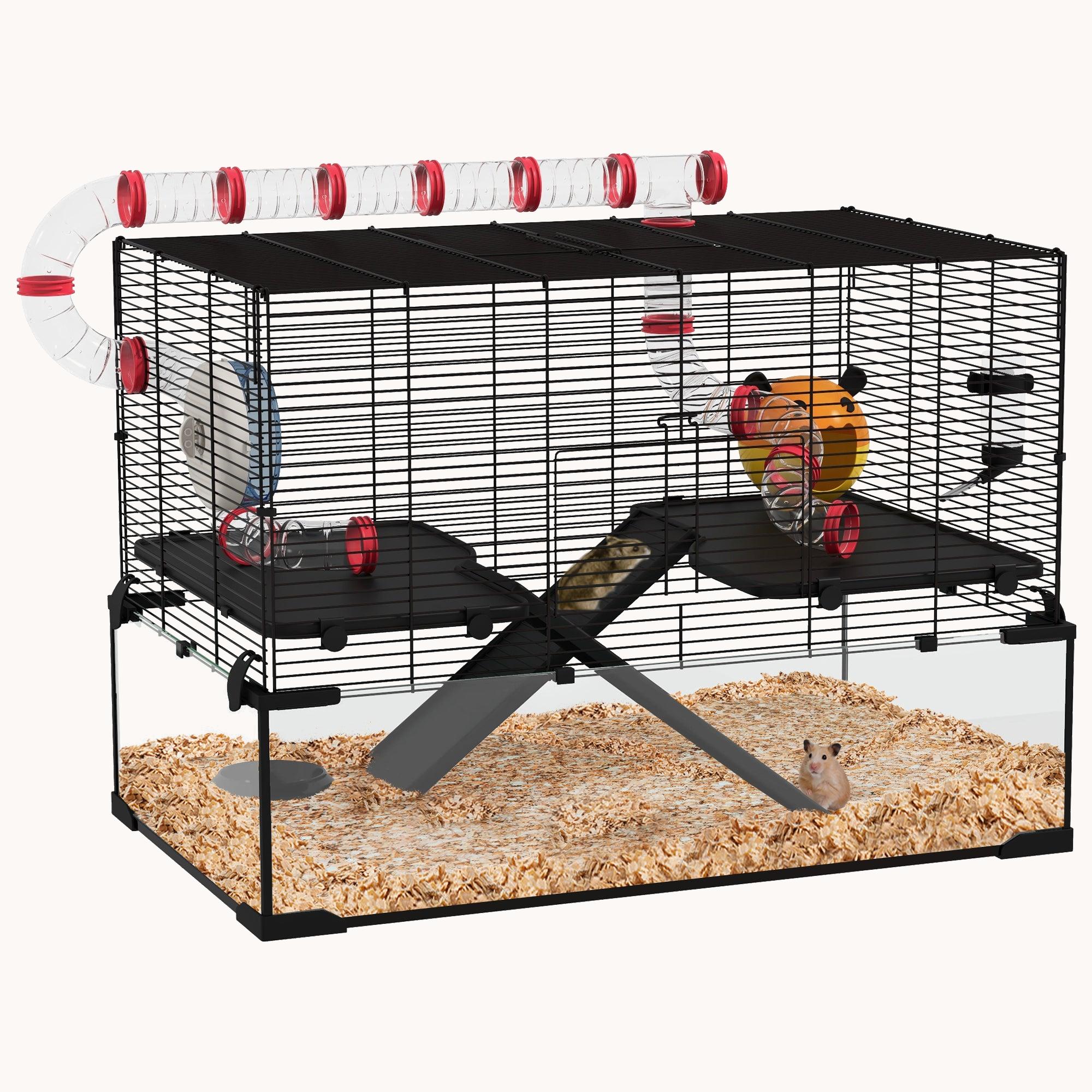 31" Extra Large Hamster Cage with Tube Tunnel, Deep Glass Base, Wheel, Water Bottle