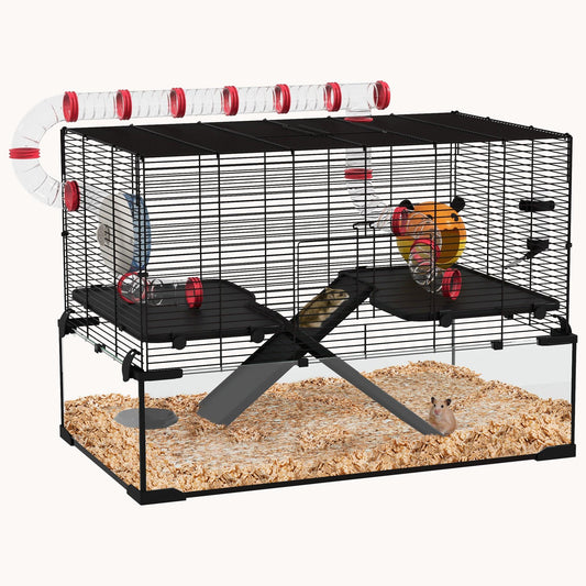 31" Extra Large Hamster Cage with Tube Tunnel, Deep Glass Base, Wheel, Water Bottle