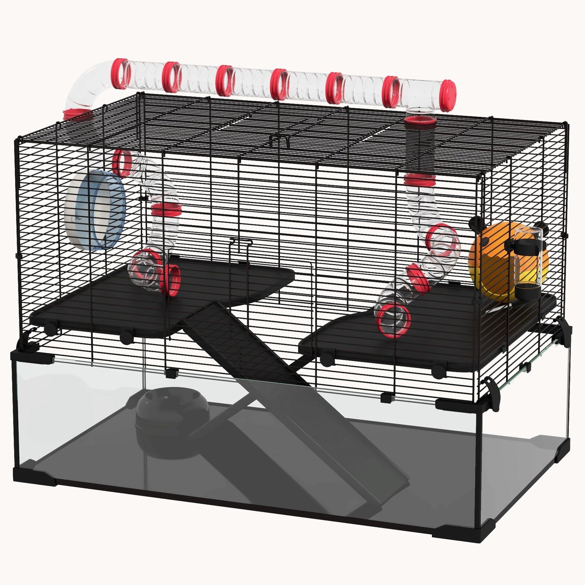 31" Extra Large Hamster Cage with Tube Tunnel, Deep Glass Base, Wheel, Water Bottle
