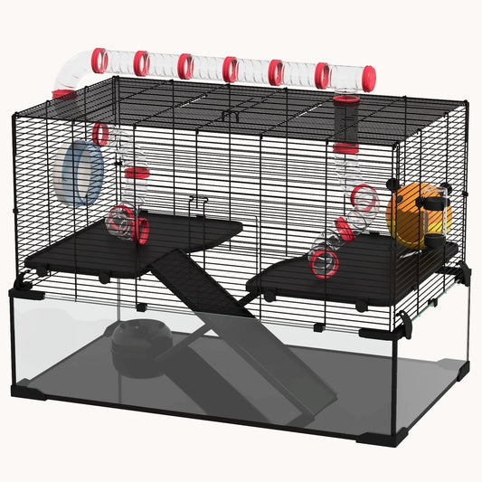 31" Extra Large Hamster Cage with Tube Tunnel, Deep Glass Base, Wheel, Water Bottle
