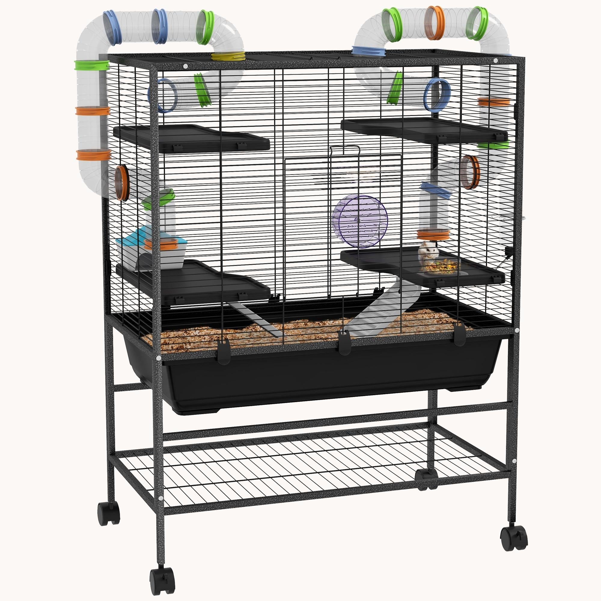 32" Large Hamster Cage with Storage Shelf & Tubes System Black
