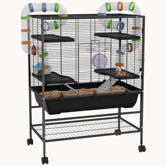 32" Large Hamster Cage with Storage Shelf & Tubes System Black