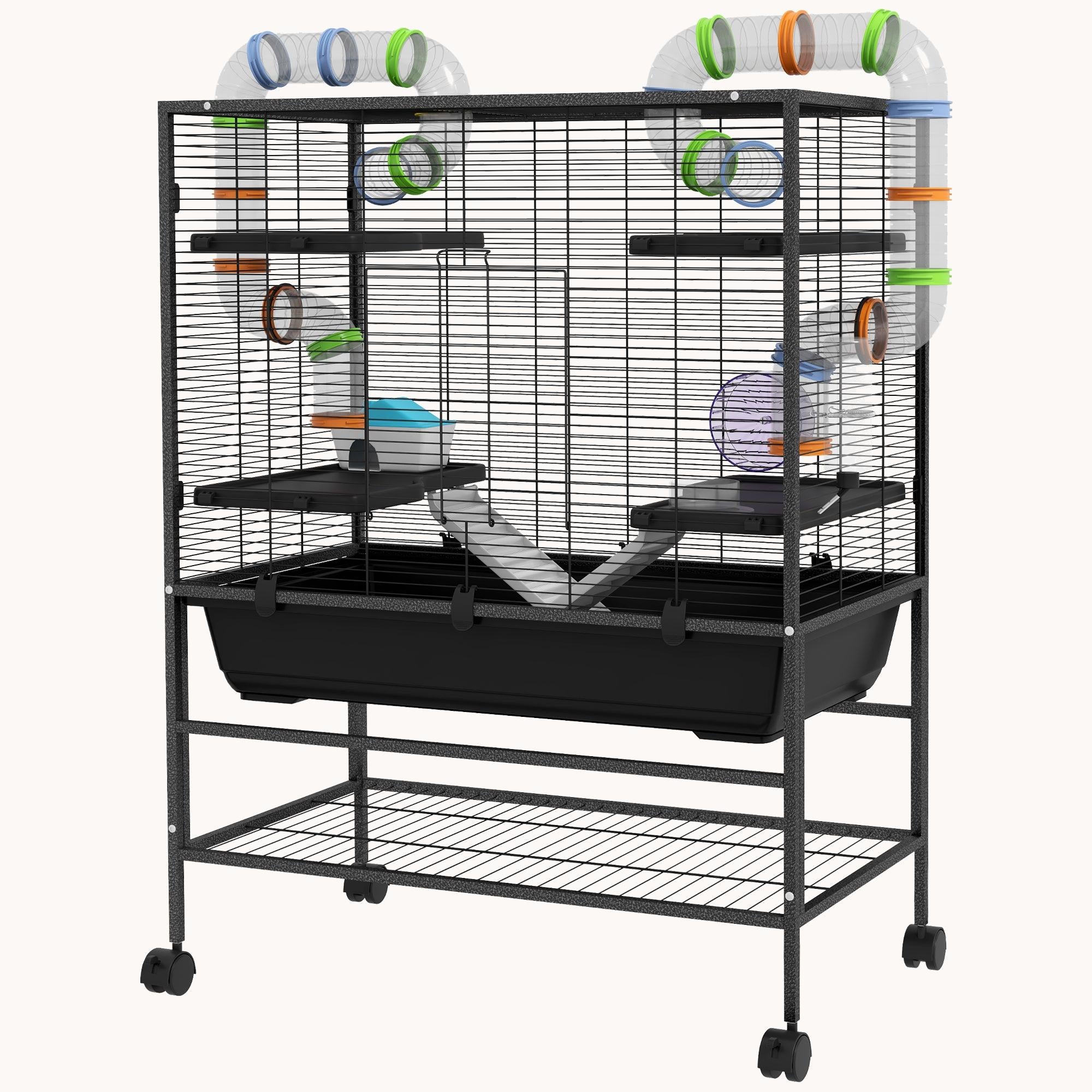 32" Large Hamster Cage with Storage Shelf & Tubes System Black