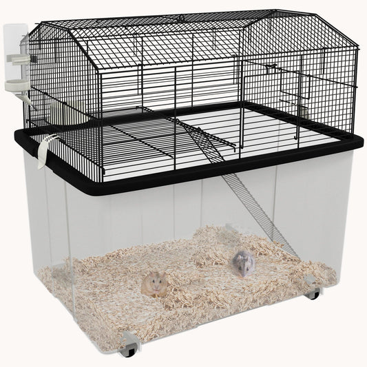 2-Tier Hamster & Gerbil Cage with Wheels, Deep Base, Ramp, Food Dish, Water Bottle, 57x43x57cm, Black
