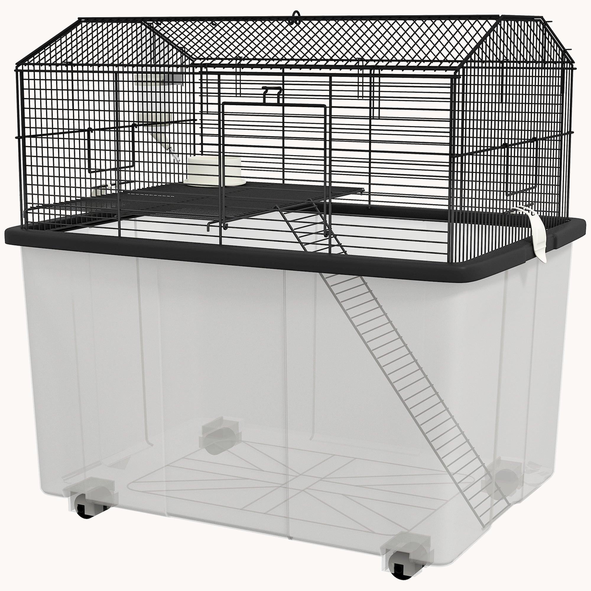 2-Tier Hamster & Gerbil Cage with Wheels, Deep Base, Ramp, Food Dish, Water Bottle, 57x43x57cm, Black