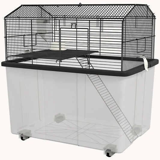 2-Tier Hamster & Gerbil Cage with Wheels, Deep Base, Ramp, Food Dish, Water Bottle, 57x43x57cm, Black