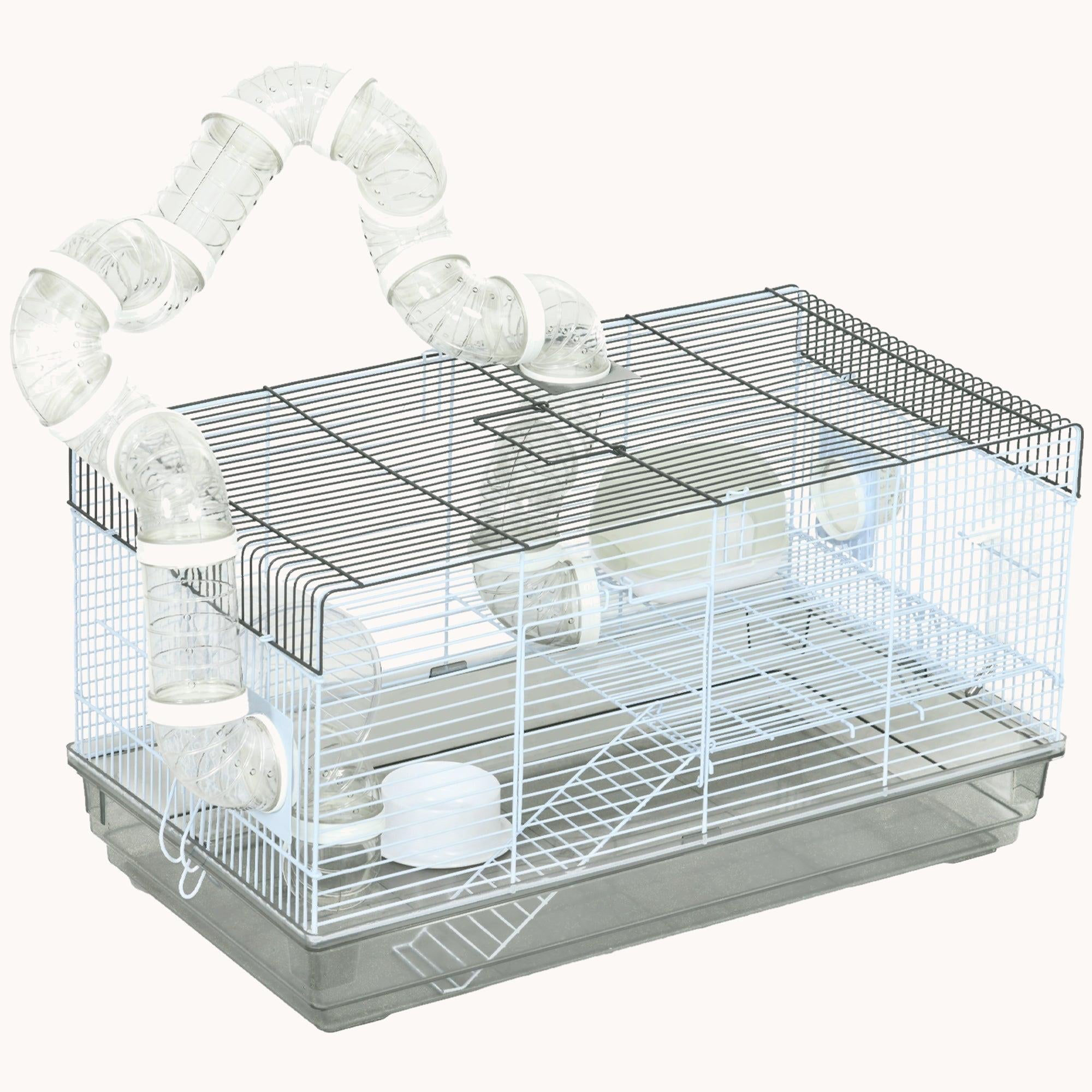 Hamster Cage 2-Level with Wheel, Ramp, Tubes & Food Dish, 23"x13"x12", Gray