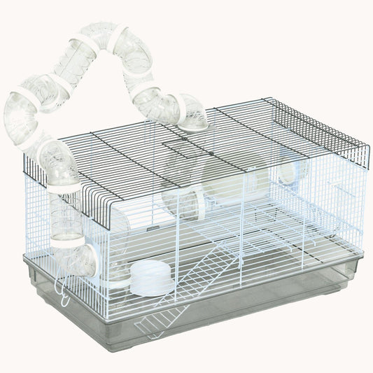 Hamster Cage 2-Level with Wheel, Ramp, Tubes & Food Dish, 23"x13"x12", Gray