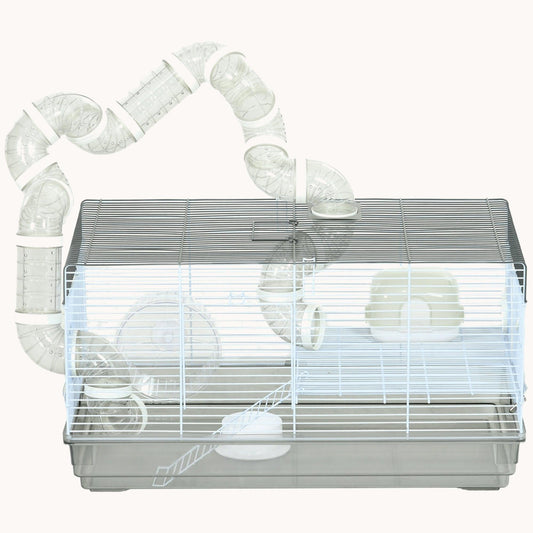 Hamster Cage 2-Level with Wheel, Ramp, Tubes & Food Dish, 23"x13"x12", Gray