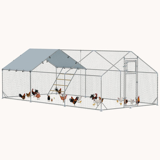 9.8' x 19.7' x 6.4' Metal Chicken Run with Waterproof Cover, Feeder, for 18-24 Chickens