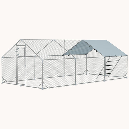 9.8' x 19.7' x 6.4' Metal Chicken Run with Waterproof Cover, Feeder, for 18-24 Chickens