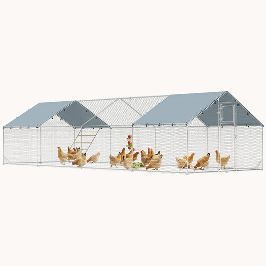 Walk-In Metal Chicken Run with Cover, Feeder & Perch, Silver