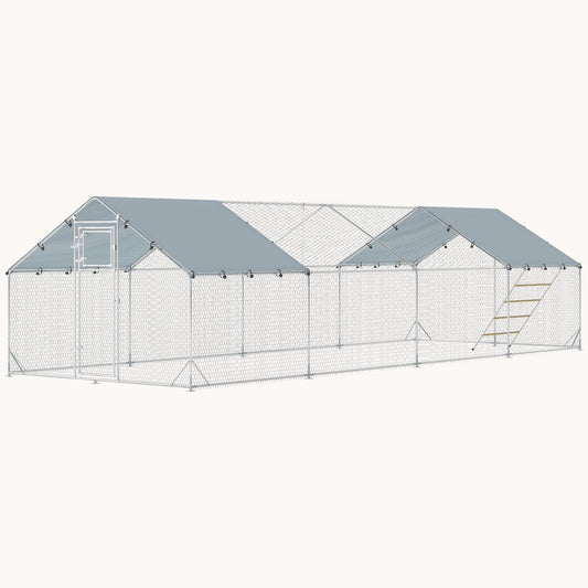 Walk-In Metal Chicken Run with Cover, Feeder & Perch, Silver