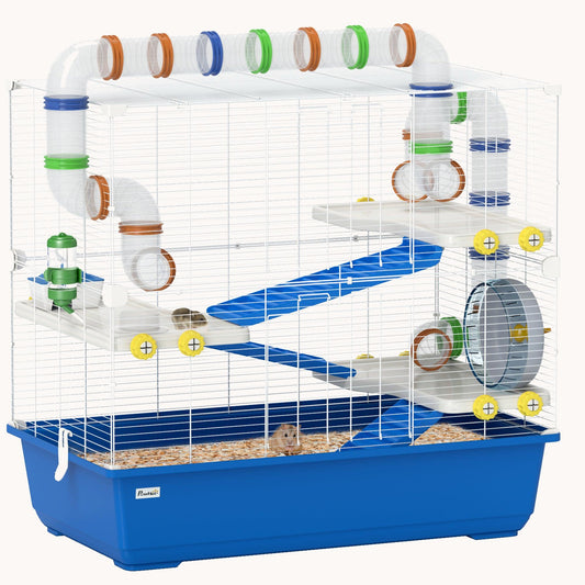 4-Tier Hamster Cage with Tunnel System, Exercise Wheel, Hideout, 30.7"x17.7"x28.7", Blue