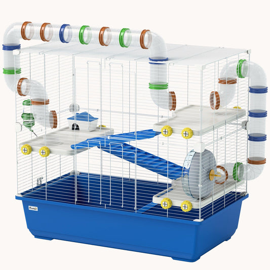 4-Tier Hamster Cage with Tunnel System, Exercise Wheel, Hideout, 30.7"x17.7"x28.7", Blue