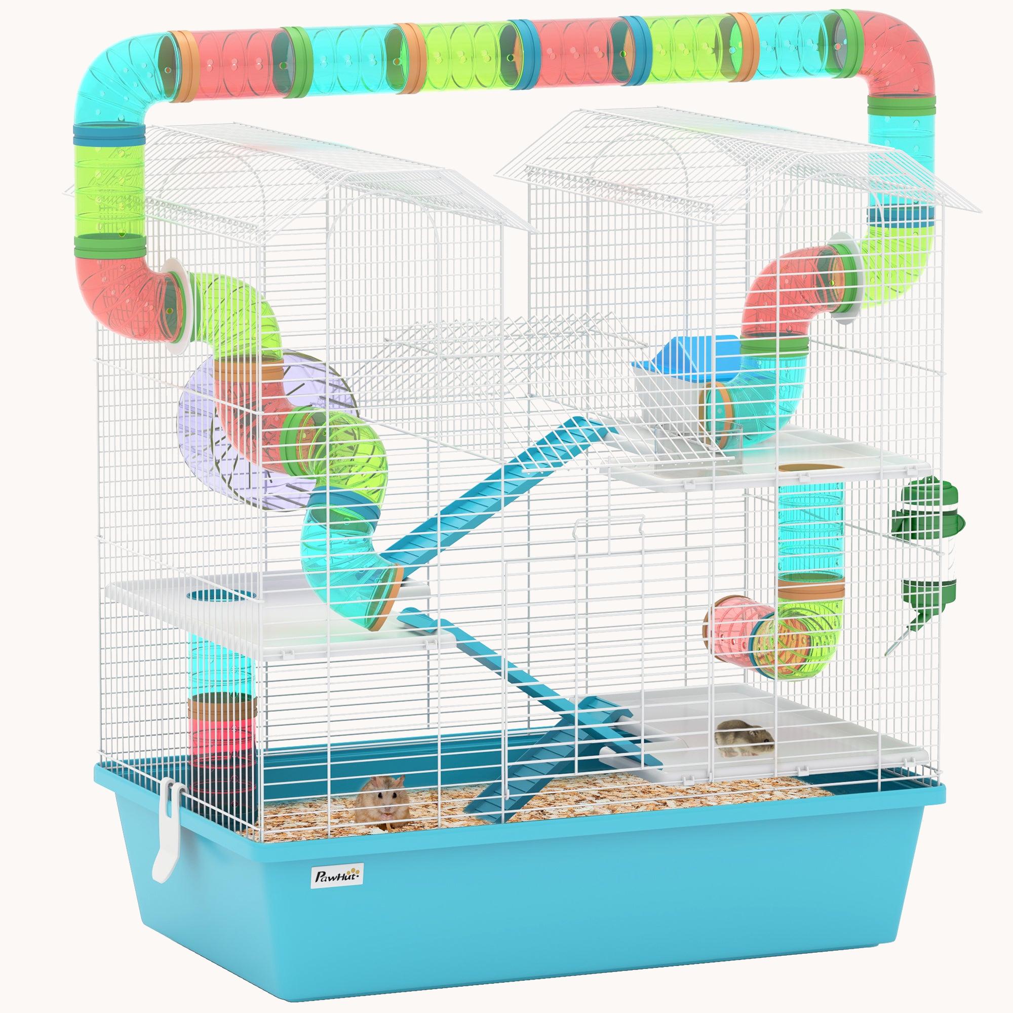 Hamster Cage with 4-Tier Twin Tower, Tubes & Wheel, 22.8"x14.2"x25.6", Light Blue