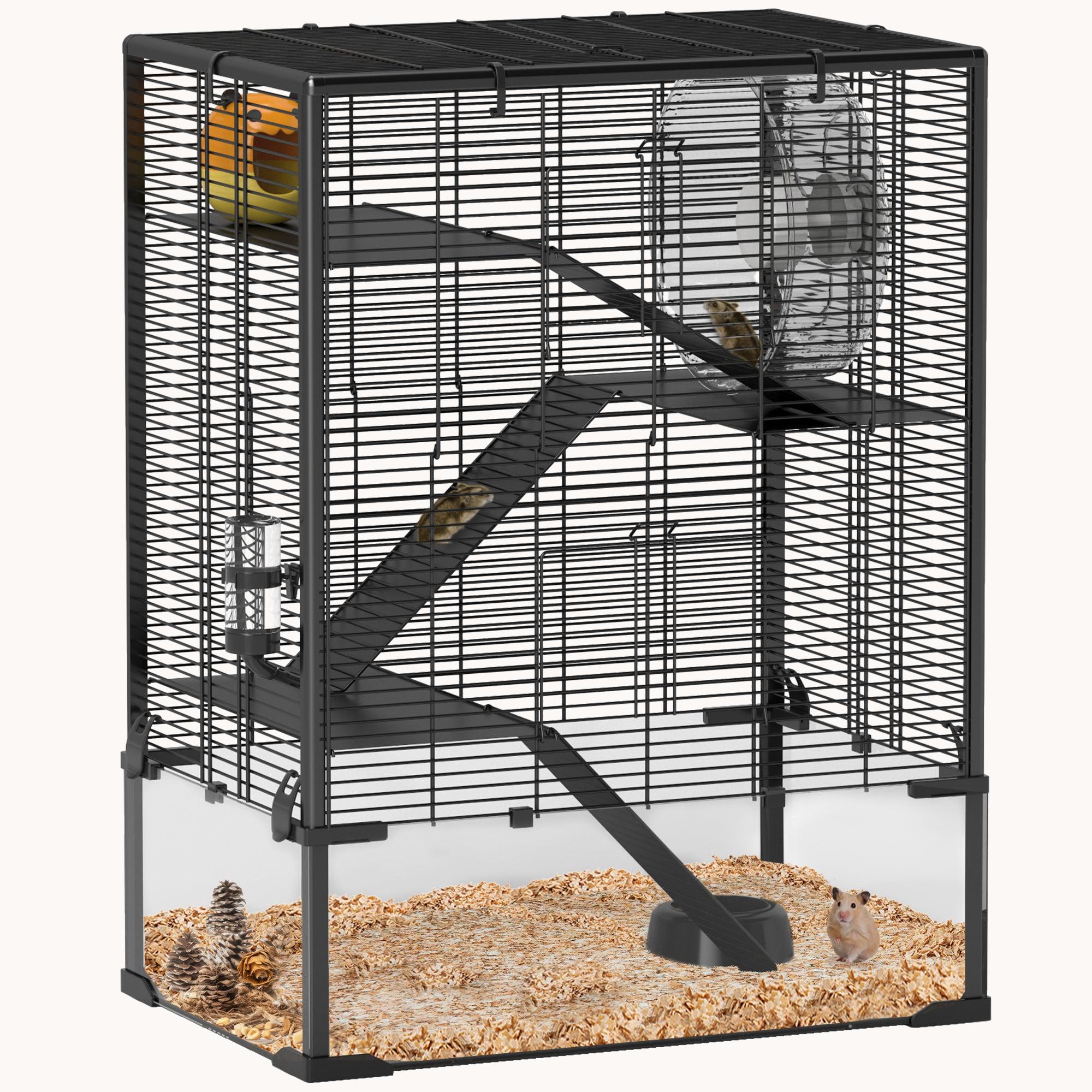 4-Tier Hamster Cage with Tempered Glass Bottom, 24"x16"x31.5", Black