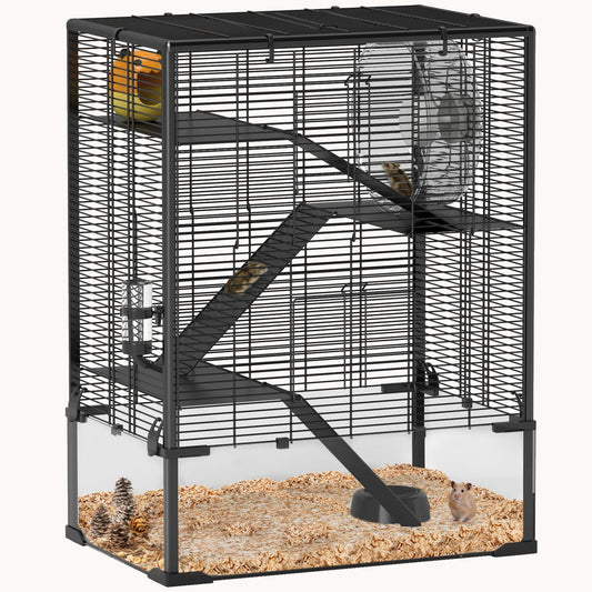 4-Tier Hamster Cage with Tempered Glass Bottom, 24"x16"x31.5", Black
