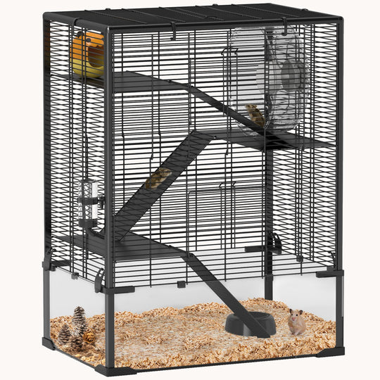 4-Tier Hamster Cage with Tempered Glass Bottom 24"x16"x31.5" Black