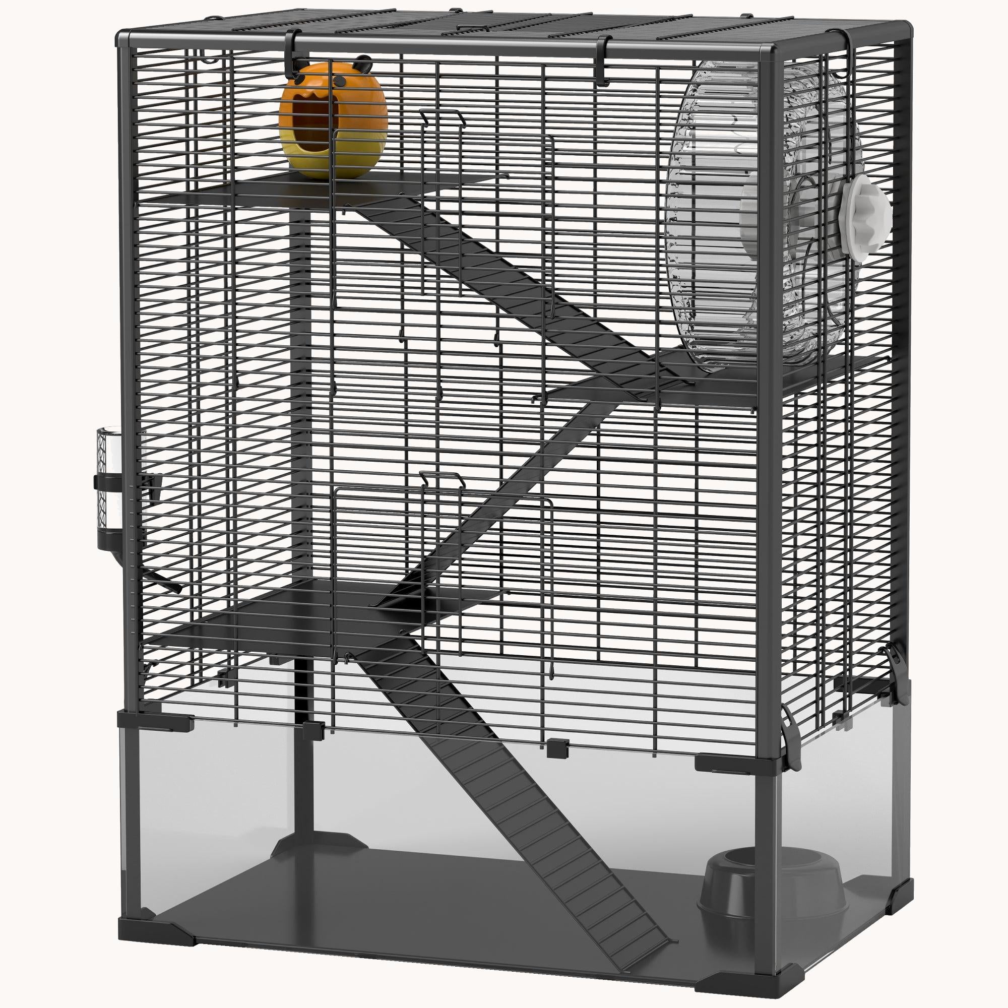 4-Tier Hamster Cage with Tempered Glass Bottom, 24"x16"x31.5", Black