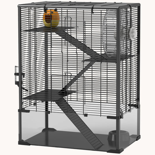 4-Tier Hamster Cage with Tempered Glass Bottom, 24"x16"x31.5", Black
