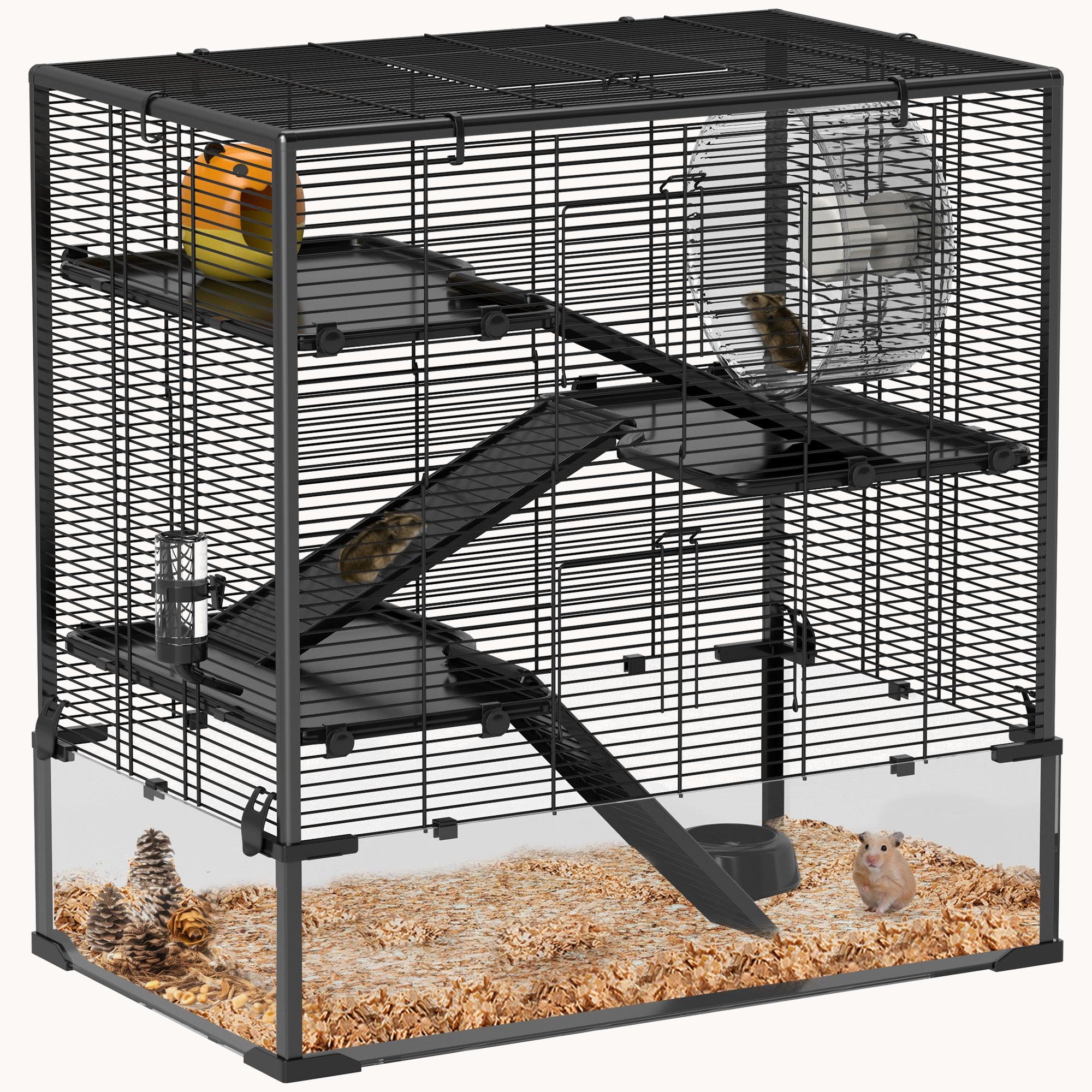 Hamster Cage with 4 Tiers, Deep Tempered Glass Bottom, 31"x19"x31.5", Black