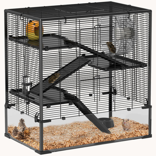 Hamster Cage with 4 Tiers, Deep Tempered Glass Bottom, 31"x19"x31.5", Black