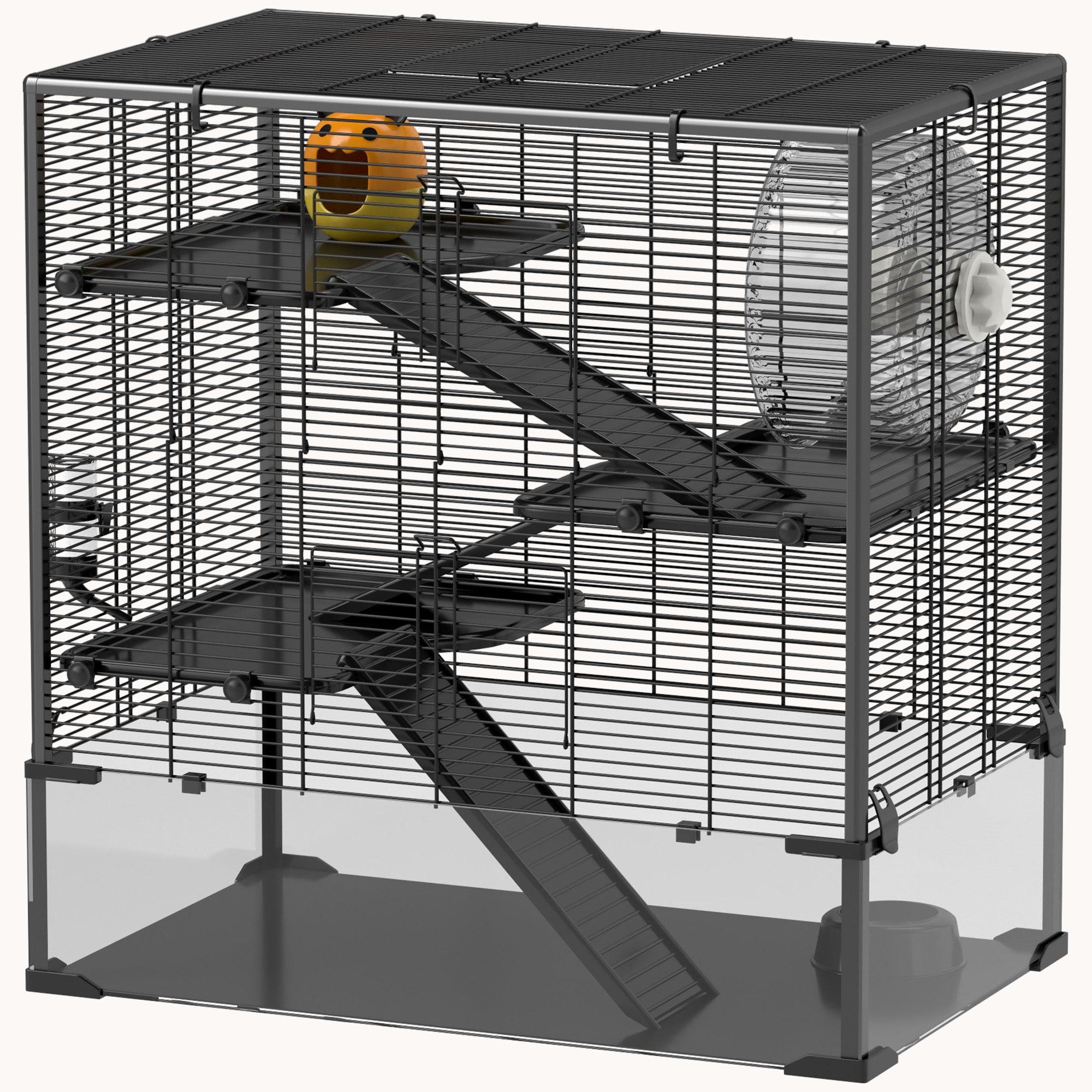 Hamster Cage with 4 Tiers, Deep Tempered Glass Bottom, 31"x19"x31.5", Black