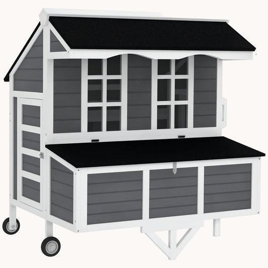 Mobile Chicken Coop with Nesting Box, Tray, Wheels & Perches, Grey