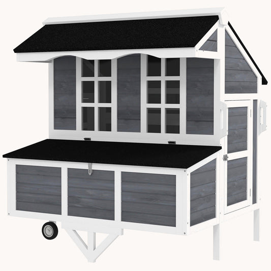 Mobile Chicken Coop with Nesting Box, Tray, Wheels & Perches, Grey