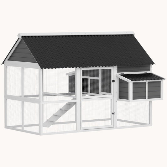Large Chicken Coop with Run, 2 Nesting Boxes, Tray & Ramp, Grey