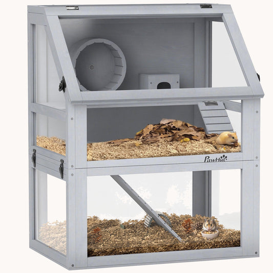 Wooden 3-Tier Hamster Cage with Detachable Bottom Wheel & Ramps 24 x 16 x 29.5in