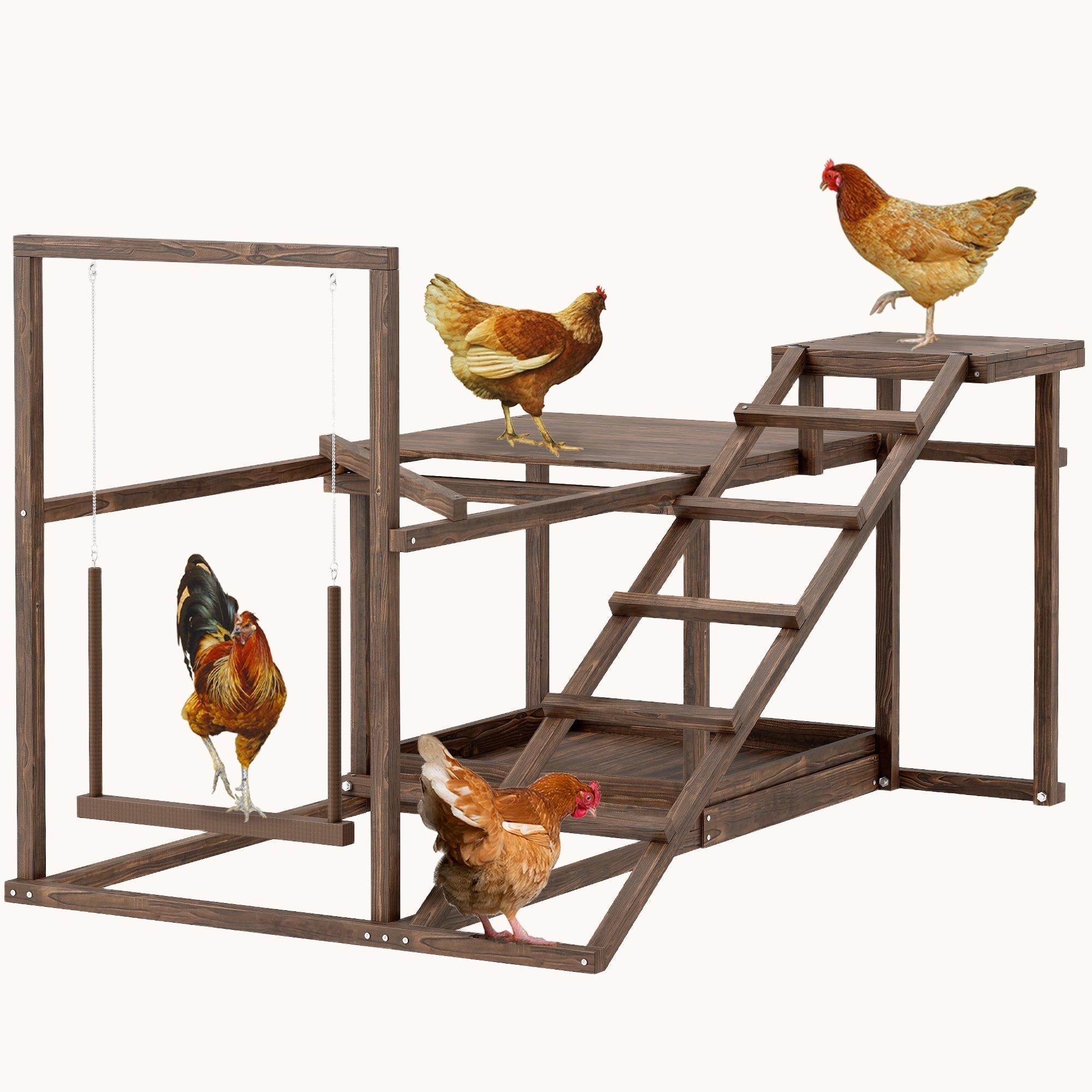 Wooden Chicken Activity Set with Perch, Swing, Ladder, Feeder, for 4-6 Chickens, Coffee
