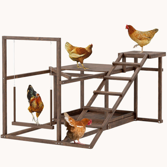Wooden Chicken Activity Set with Perch, Swing, Ladder, Feeder, for 4-6 Chickens, Coffee