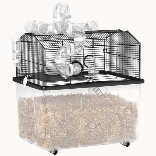 Large Hamster Cage with 12" Deep Tray, 2-Tier Design & Tube System, 23"x17"x22" Black