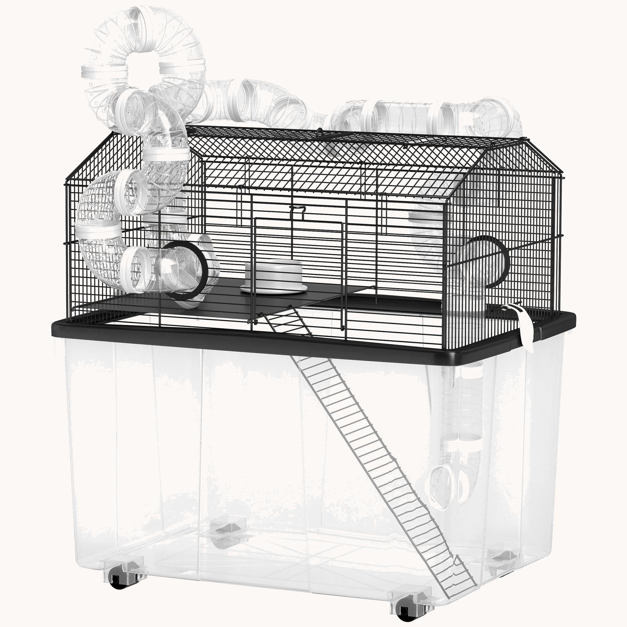 Large Hamster Cage with 12" Deep Tray, 2-Tier Design & Tube System, 23"x17"x22" Black