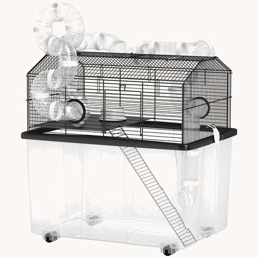 Large Hamster Cage with 12" Deep Tray, 2-Tier Design & Tube System, 23"x17"x22" Black
