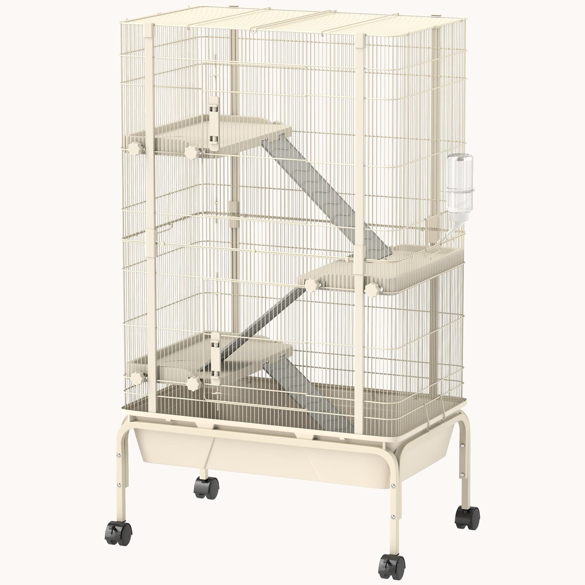 47" Small Animal Cage, 4-Level Rolling Metal with 5.9" Deep Tray & 3 Ramps, Beige