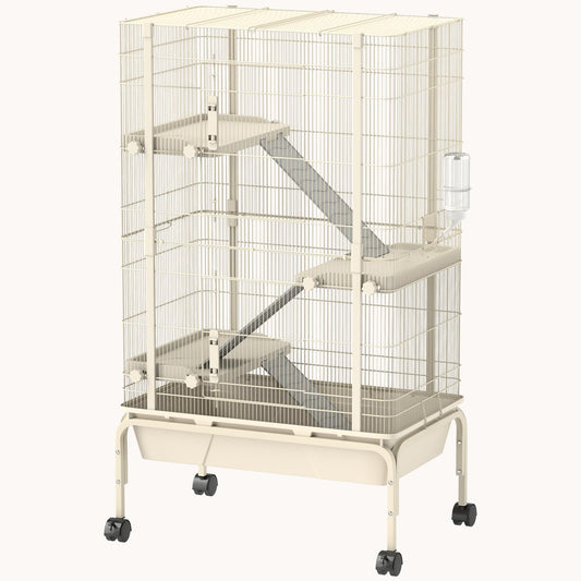 47" Small Animal Cage, 4-Level Rolling Metal with 5.9" Deep Tray & 3 Ramps, Beige