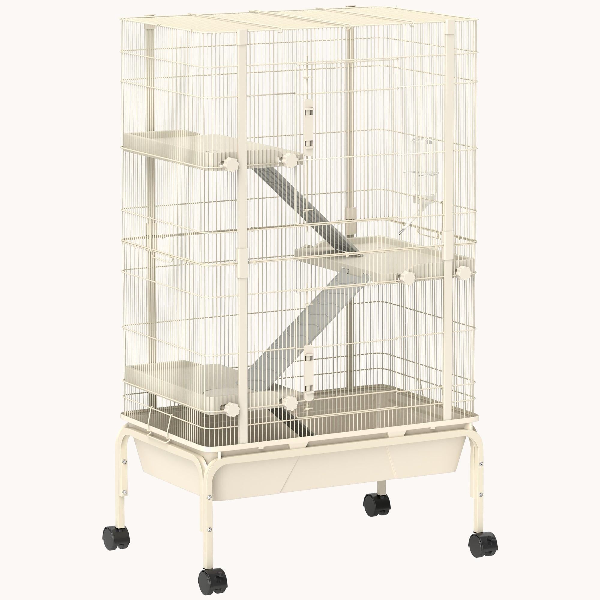 47" Small Animal Cage, 4-Level Rolling Metal with 5.9" Deep Tray & 3 Ramps, Beige
