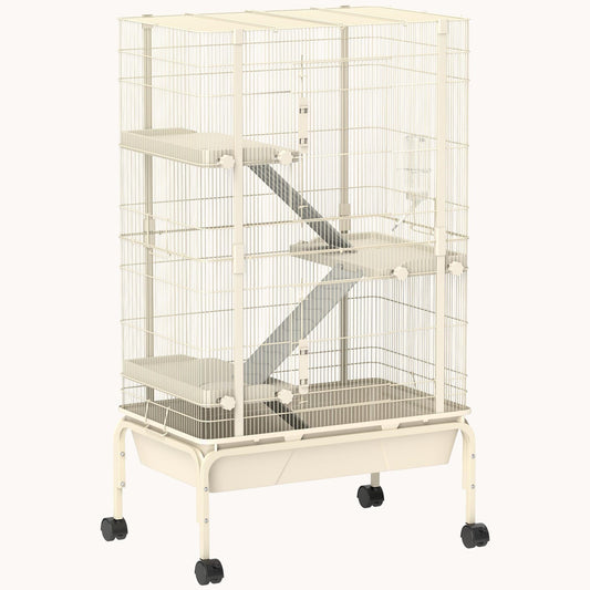 47" Small Animal Cage, 4-Level Rolling Metal with 5.9" Deep Tray & 3 Ramps, Beige
