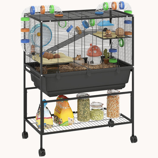 3-Tier Rolling Hamster Cage with Deep Tray Storage Shelf & Exercise Wheel