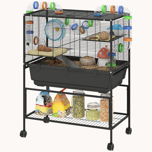 3-Tier Rolling Hamster Cage with Deep Tray Storage Shelf & Exercise Wheel