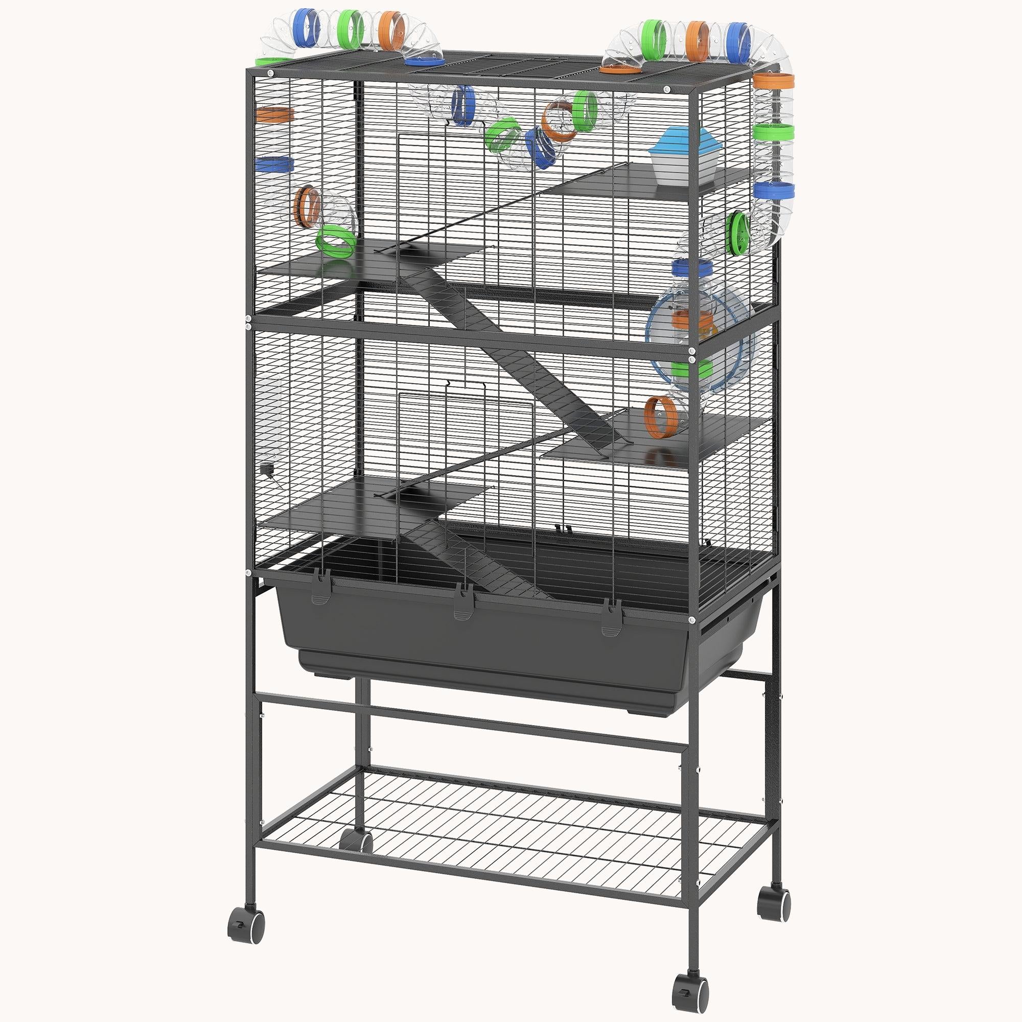 5-Tier Rolling Hamster Cage with Deep Tray Storage Shelf & Exercise