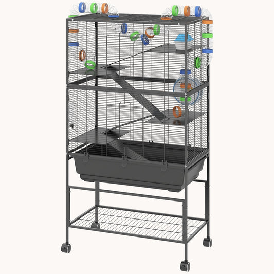 5-Tier Rolling Hamster Cage with Deep Tray Storage Shelf & Exercise