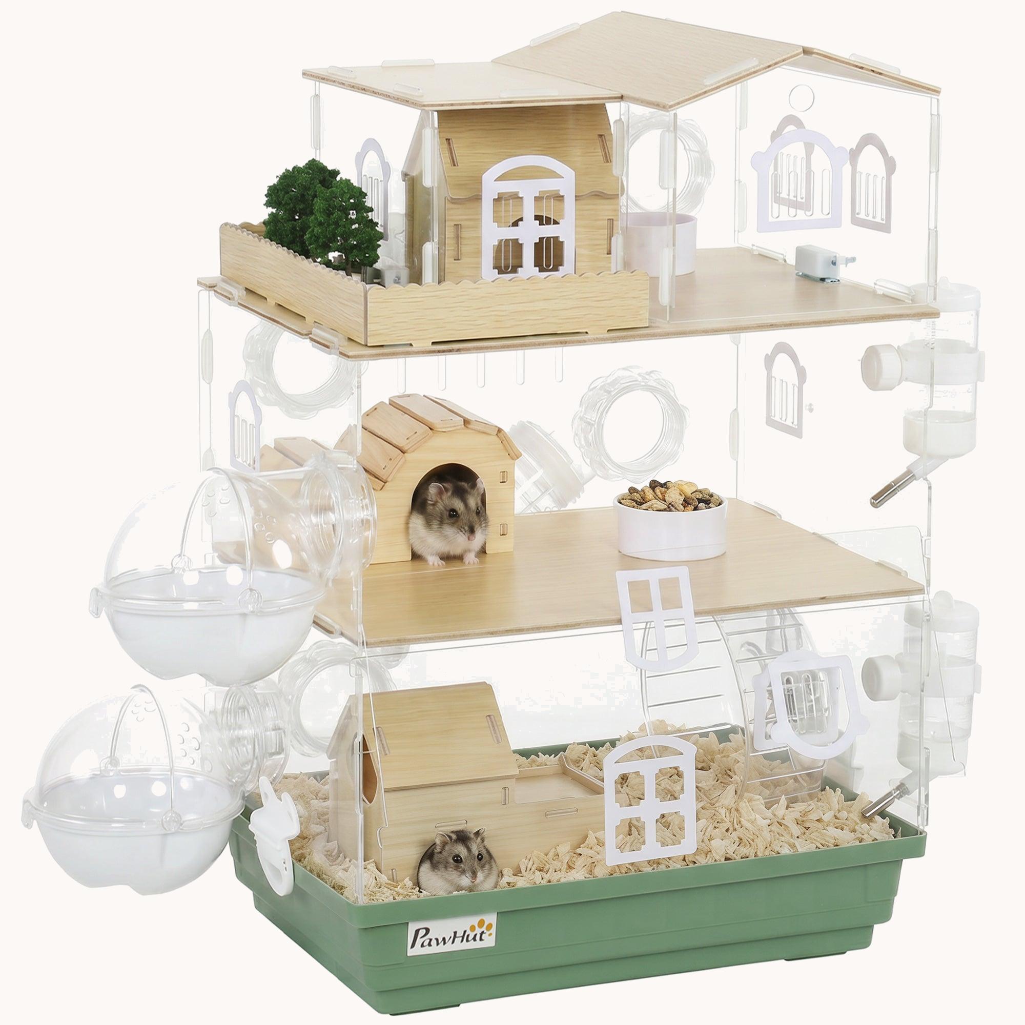 Large 3-Tier Acrylic Hamster Cage with Wheel & Water Bottle 13.4" x 9.8" x 20.5"