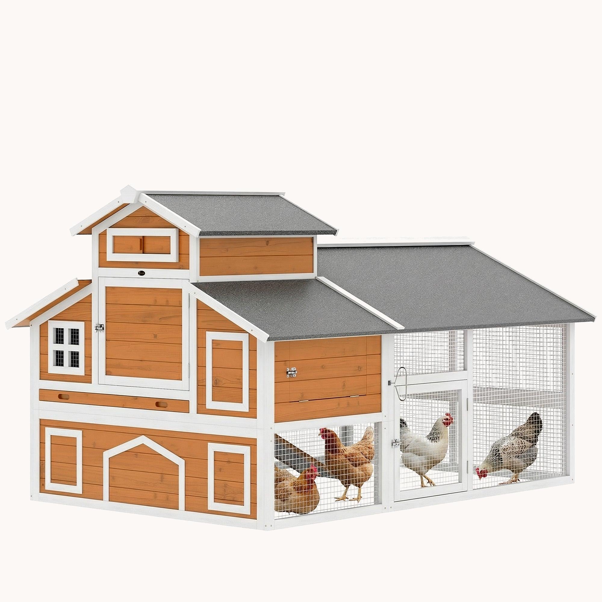 Chicken Coop with Run, 2 Nesting Boxes, Tray & Asphalt Roof, Orange
